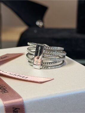 Michael Kors Silver-Tone Multi-Row Crystal Wrap Ring Sz8